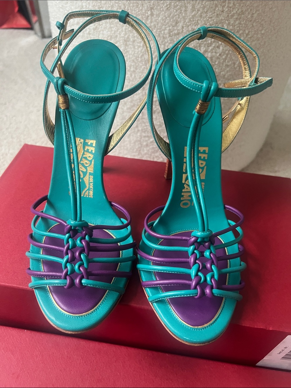 Salvatore Ferragamo Teal and Purple Strappy Knotted High-Heel Sandals - Picture 3 of 4